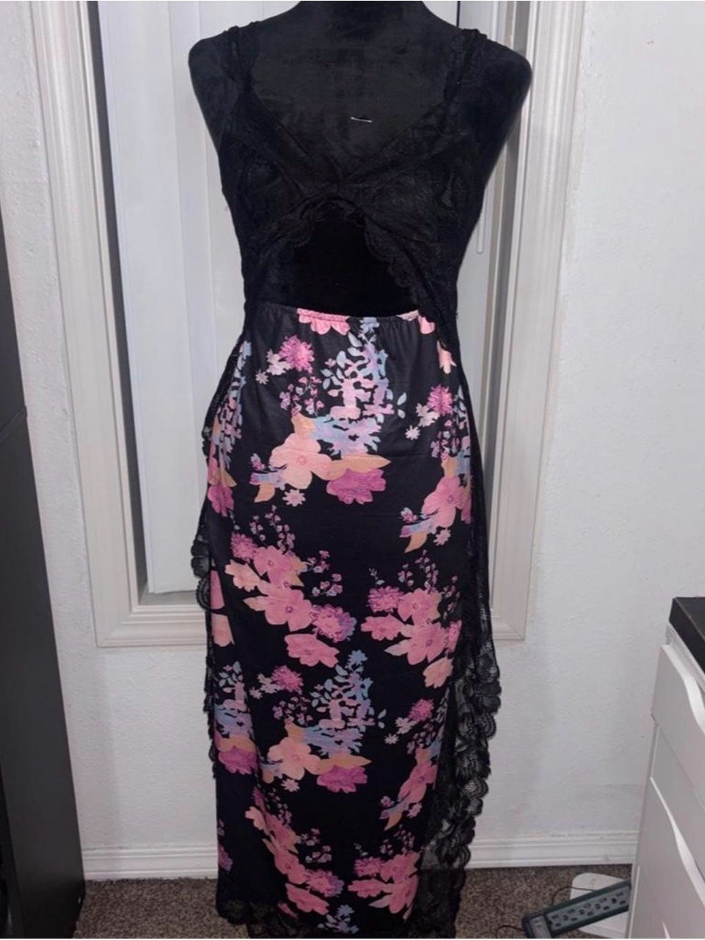 Black Maxi dress with Pink Floral Print and Lace Trim